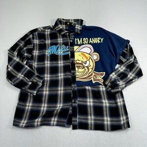 Cartoon Angry Bear Button Shirt Spliced Patchwork Plaid Mens Size Large*